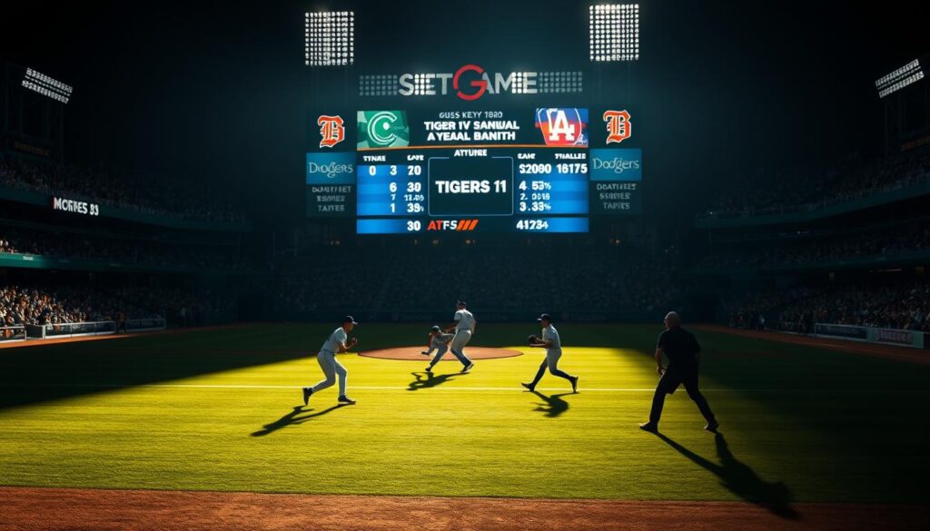 A crisp, high-resolution sports stadium setting with the scoreboard prominently displayed, showcasing the key team statistics for the baseball match between the Tigers and Dodgers. The pitch is in sharp focus, with the players in the foreground engaged in an intense defensive play. Soft, dramatic lighting casts long shadows, creating a sense of drama and tension. The crowd in the background is in a blur, their cheers and excitement palpable. The overall image conveys the excitement and strategic importance of the game-changing statistical comparisons that could decide the outcome.