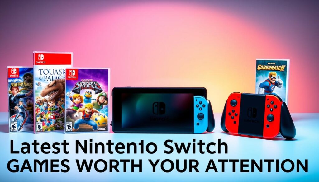 A vibrant and visually captivating display of the latest Nintendo Switch game titles, set against a sleek and modern backdrop. In the foreground, a carefully curated selection of the most anticipated Switch releases, their covers showcasing stunning artwork and design. In the middle ground, the consoles themselves, with their distinctive Joy-Con controllers, presented in a dynamic and engaging composition. The background features a minimalist, gradient-infused setting, creating a sense of depth and emphasizing the focus on the games. Soft, directional lighting illuminates the scene, casting subtle shadows and highlights to enhance the overall visual appeal. The result is a polished, professional-looking image that perfectly captures the essence of the "Latest Nintendo Switch Games Worth Your Attention" section.