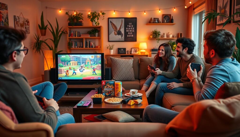 a detailed and vivid image of a group of people playing nintendo switch multiplayer games together on a cozy game night. the foreground shows a living room scene with a nintendo switch console and a tv displaying a colorful multiplayer game, surrounded by a group of friends sitting on a comfortable couch, engaged in the game and laughing together. the middle ground includes various gaming accessories and snacks on a coffee table, creating a lively and immersive atmosphere. the background features a warm and inviting home environment, with cozy lighting, plants, and personal decor that sets the mood for a fun and relaxing game night. the overall composition conveys a sense of camaraderie, joy, and the excitement of playing nintendo switch games with friends.