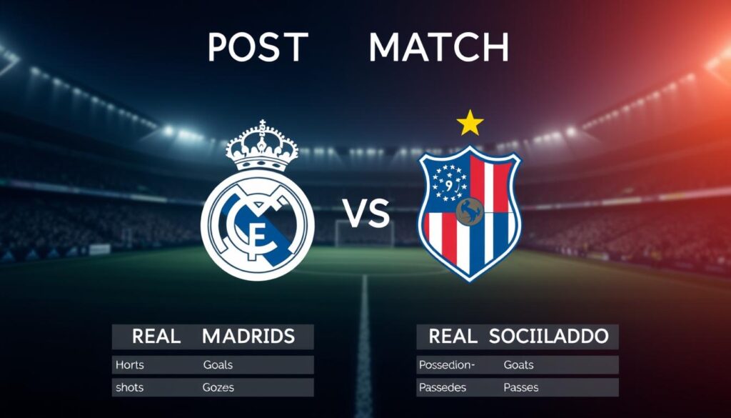 A detailed, high-resolution image of the post-match statistics between Real Madrid and Real Sociedad. The foreground shows a clean, data-driven visualization of the key match metrics like goals, shots, possession, and passes, with a minimalist yet elegant design. The middle ground features the two team crests in a balanced composition, with a sleek, muted color palette. The background softly blurs out to a dark, atmospheric stadium scene, conveying the intensity and drama of the match. The lighting is crisp and dramatic, with strategic use of shadows to highlight the data visualizations. The overall mood is one of authoritative analysis, with a touch of cinematic flair.