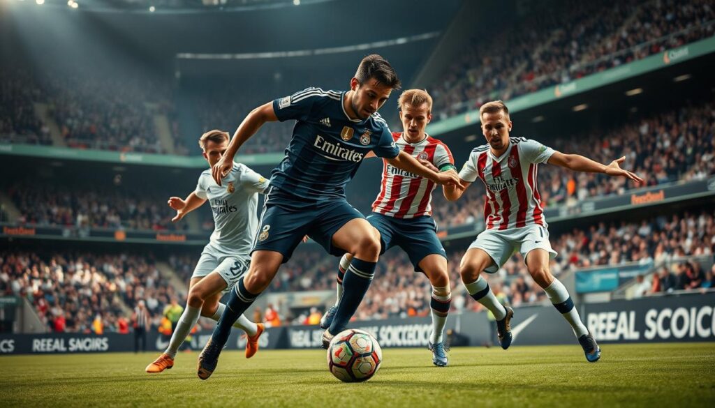 A dramatic, high-energy stadium scene with the star players of Real Madrid and Real Sociedad in intense action on the pitch. In the foreground, the standout players from each team are depicted in mid-motion, their expressions intense and focused as they compete for the ball. Sweeping camera angles capture the players from dynamic, low perspectives, emphasizing their athleticism and power. The background features the packed stadium stands, with fans cheering passionately in a blur of vibrant colors and movement. Dramatic lighting casts shadows and highlights the players' features, adding a cinematic quality. The overall mood is one of fierce rivalry, athletic excellence, and the electric atmosphere of a high-stakes match.