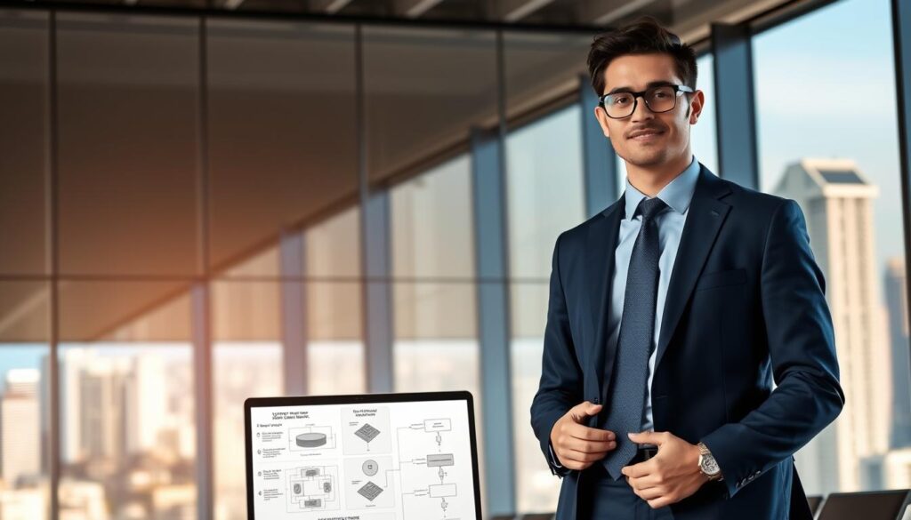 A professional Microsoft Certified Professional (MCP) standing confidently in a sleek, modern office environment. The individual is wearing a sharp, navy blue suit and tie, exuding a sense of authority and expertise. The background features a large, floor-to-ceiling window overlooking a bustling city skyline, bathed in the warm glow of natural lighting. On the individual's laptop, intricate diagrams and schematics are displayed, showcasing the advanced features and customization capabilities of the MCP protocol. The atmosphere is one of innovation, sophistication, and technical proficiency, perfectly capturing the essence of "Mastering the Model Context Protocol: A Guide for Developers."