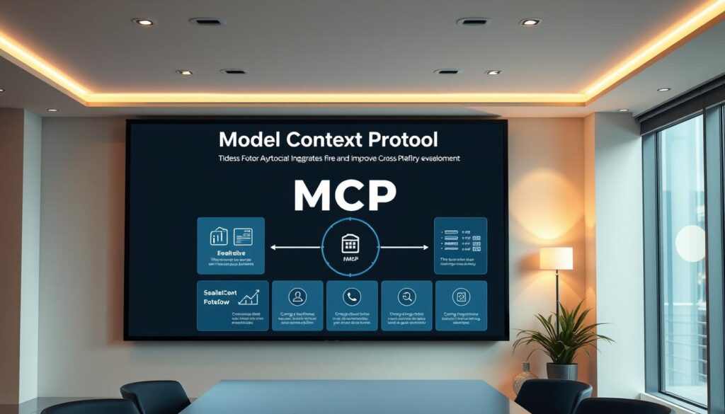 A sleek, modern office interior with a large digital display showcasing a detailed visualization of the "Model Context Protocol" integration benefits. The display features clean, infographic-style graphics highlighting key advantages such as seamless data flow, improved efficiency, and enhanced cross-platform compatibility. Warm, indirect lighting casts a professional ambiance, while the minimalist decor and neutral color palette create a refined, technology-focused atmosphere. The composition emphasizes the centrality and importance of the MCP visualization, drawing the viewer's attention to the practical applications and value of this powerful software development tool.