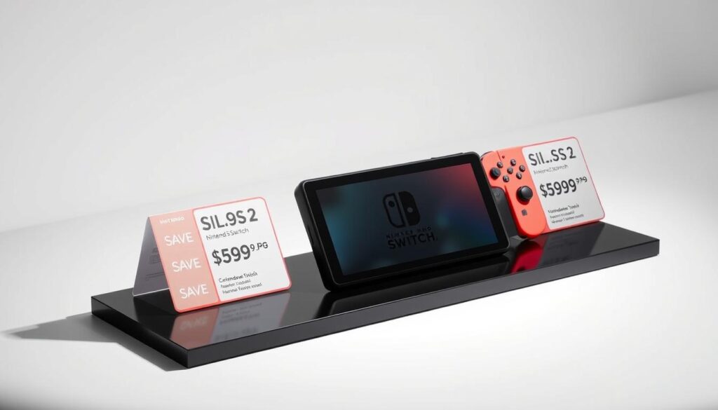 A well-lit, angled display showcasing the discounted pricing options for the Nintendo Switch 2 console in the U.S. market. A clean, minimalist aesthetic with the device prominently featured on a sleek black surface, flanked by informative price tags that highlight the savings compared to the standard retail price. Soft, directional lighting casts subtle shadows, emphasizing the product's form and design. The background is a simple, neutral gradient that allows the Switch 2 and its associated pricing to be the focal point of the image, creating a sense of visual balance and clarity.