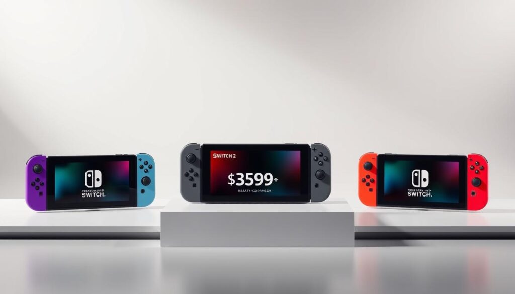 A well-lit, high-quality product comparison display showcasing the latest Nintendo Switch 2 models and their corresponding price deals. The foreground features three Switch 2 consoles positioned prominently, each showcased against a clean, minimalist background. The middle ground includes a sleek, modern table or podium displaying detailed price information and savings for each model. The background is a softly blurred studio setting with subtle gradient lighting, creating a professional, high-end ambiance. The overall composition emphasizes the comparison of the Switch 2 options and their respective pricing, inviting the viewer to clearly assess the best value proposition.